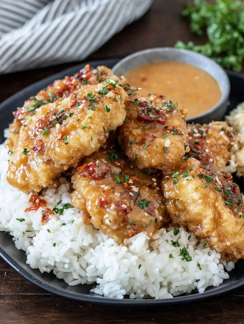A plate of food with rice and chicken.