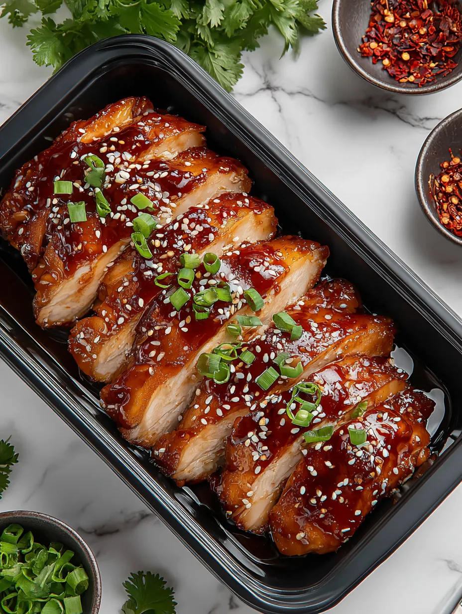 A tray of meat with sauce and garnish.