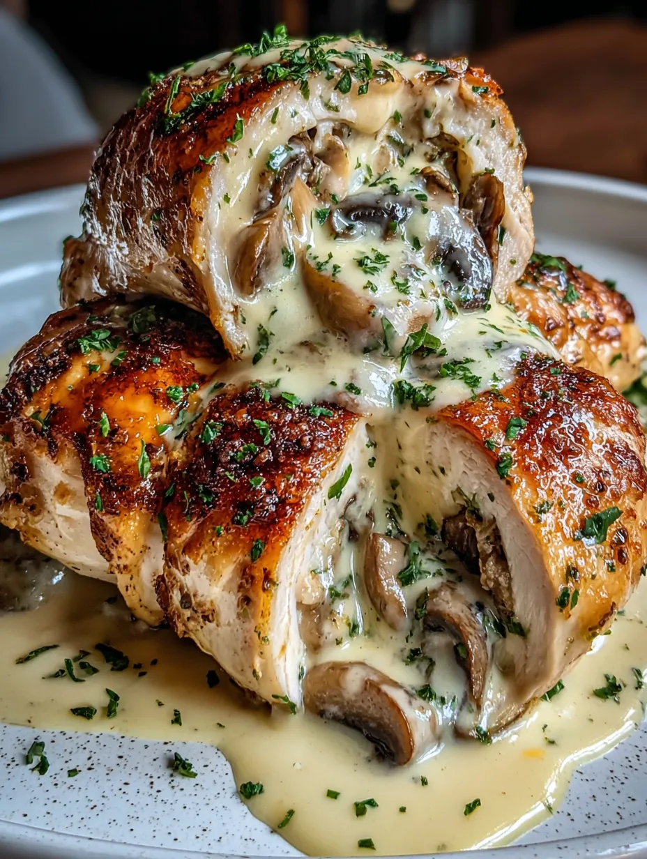 Chicken covered in mushrooms and cheese.