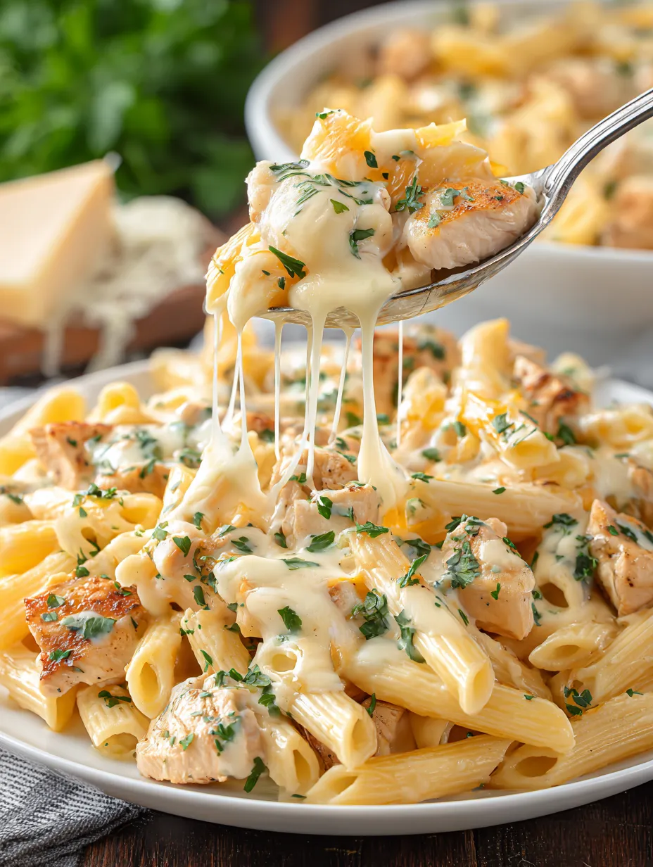 A spoonful of cheese and chicken on a plate.