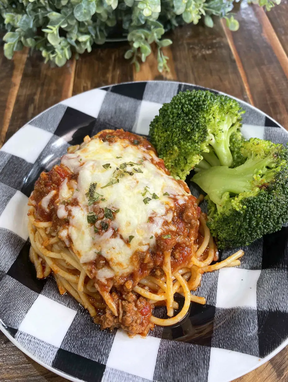 A plate of spaghetti with meat sauce and broccoli.