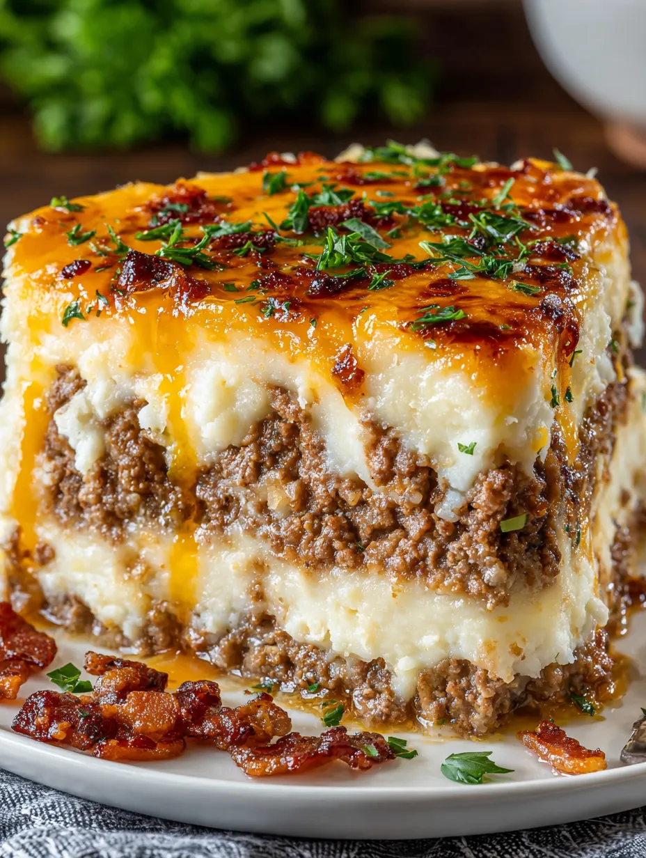 A slice of casserole with bacon and cheese.