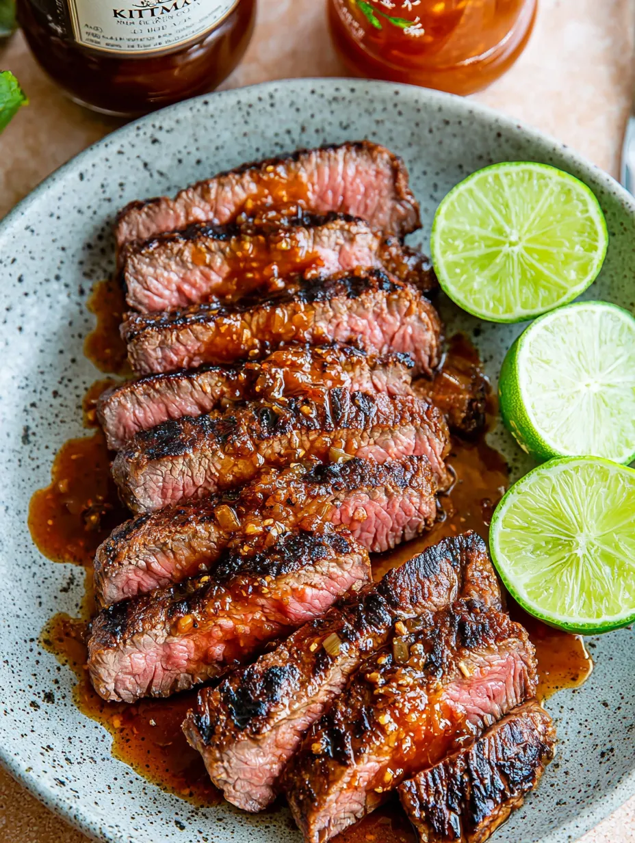A plate of steak with limes on the side.