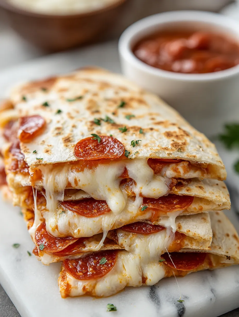 A stack of pizza with cheese and pepperoni.