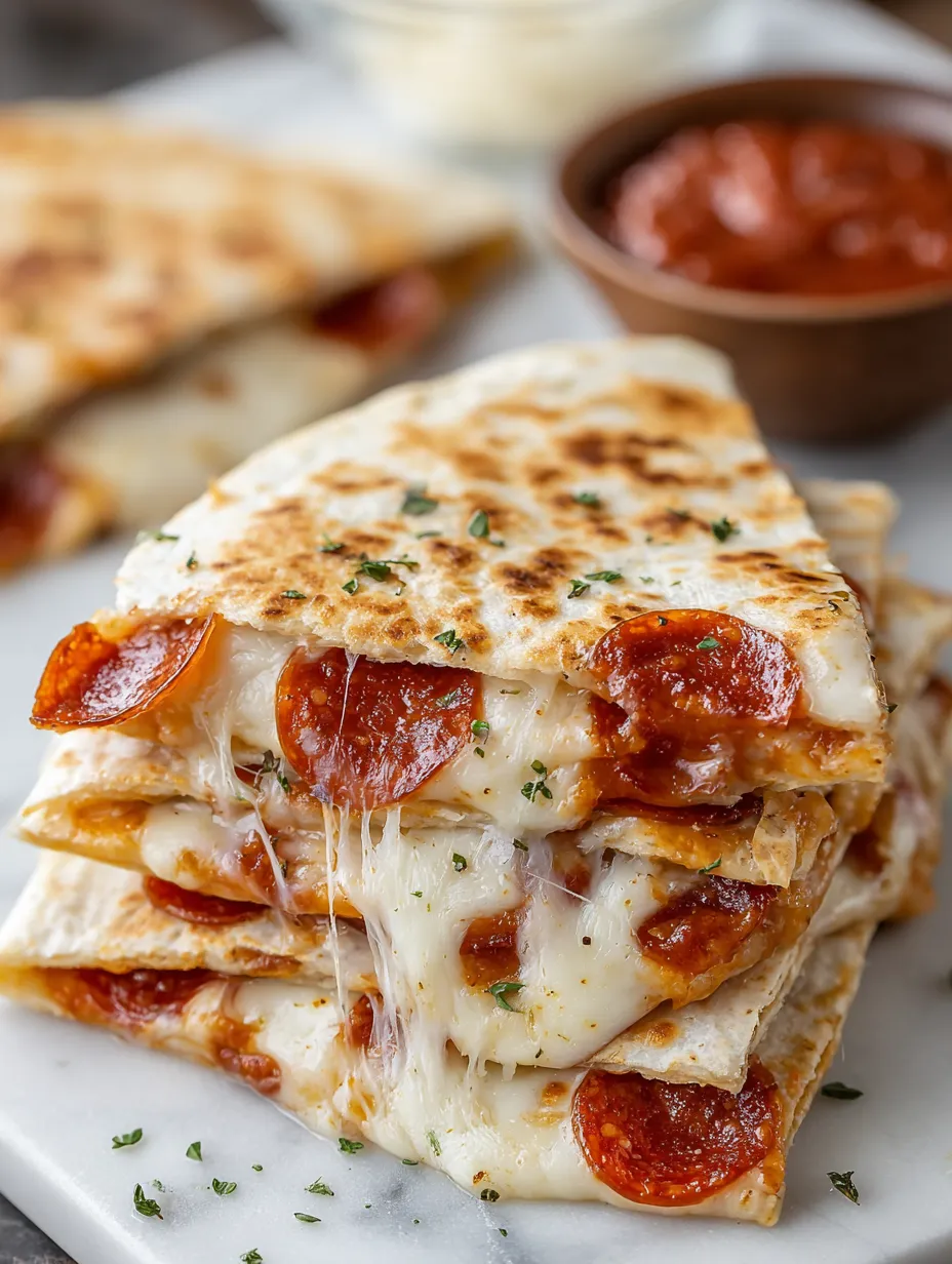 A stack of pizza with cheese and pepperoni.