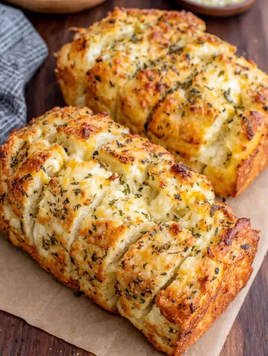 Two loaves of bread with cheese and herbs.