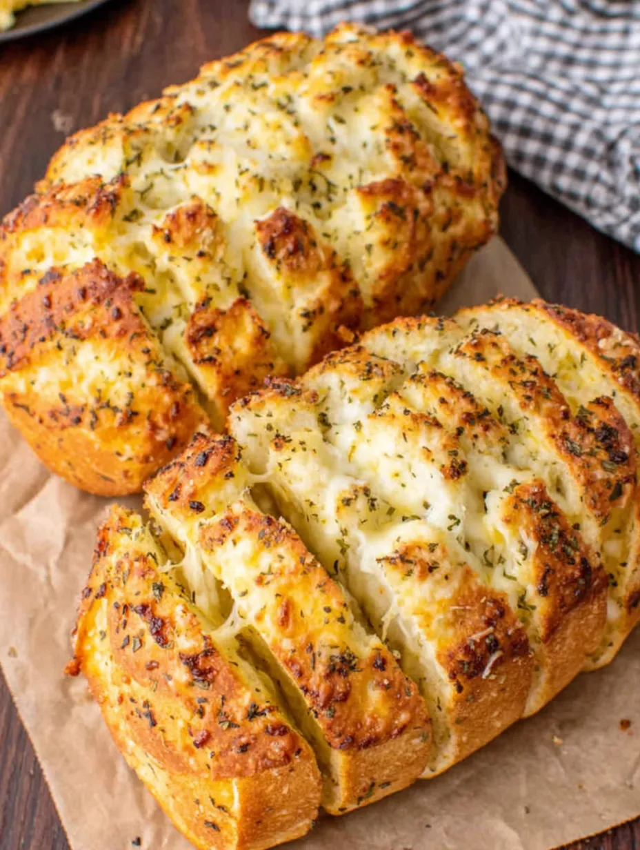 A loaf of bread with cheese and herbs.