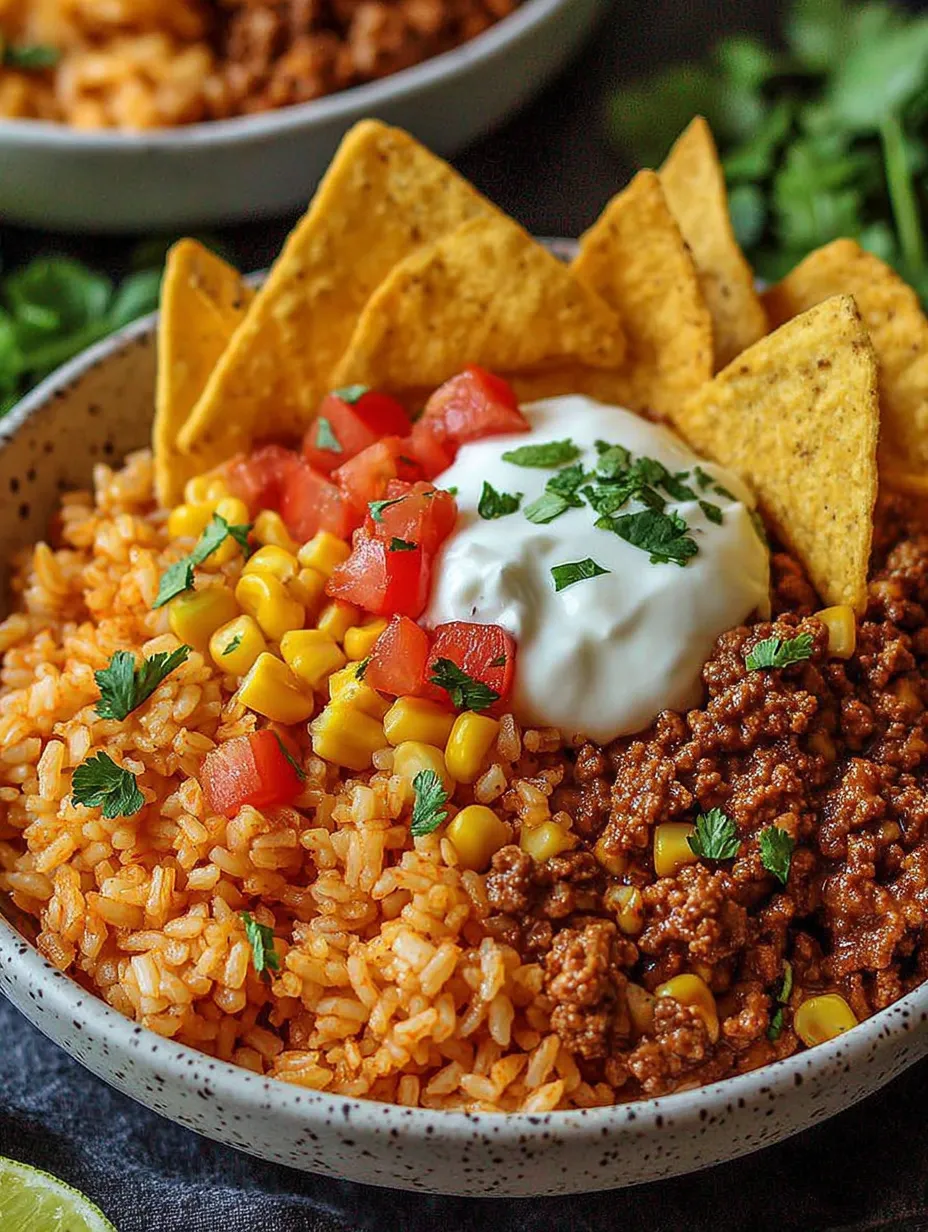 A bowl of Mexican food with rice, beans, corn, tomatoes, and sour cream.