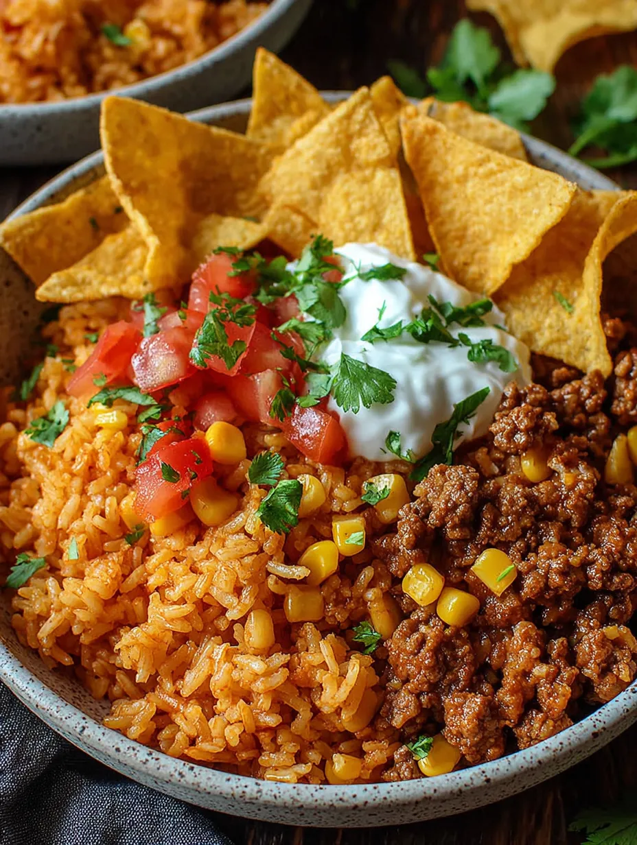 A bowl of Mexican food with rice, beans, corn, tomatoes, and cheese.