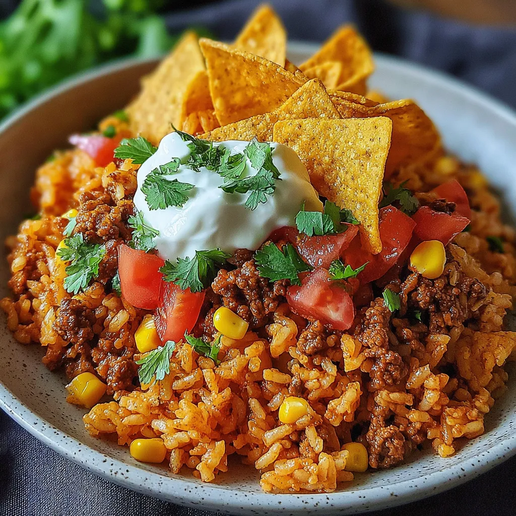 A bowl of Mexican food with a dollop of sour cream on top.