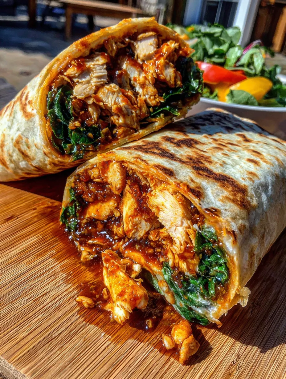 A burrito with chicken and greens.
