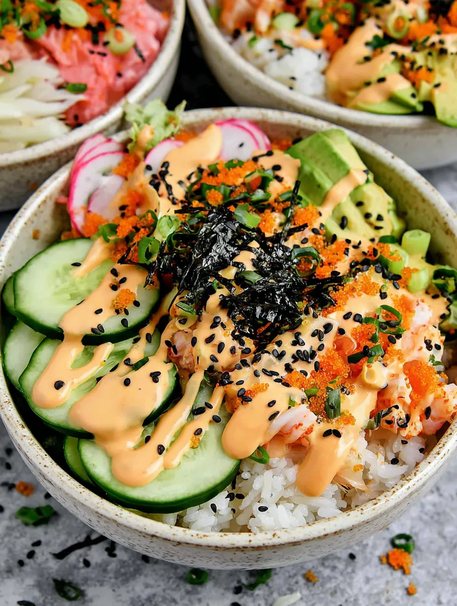 A bowl of sushi with rice, cucumbers, and avocado.