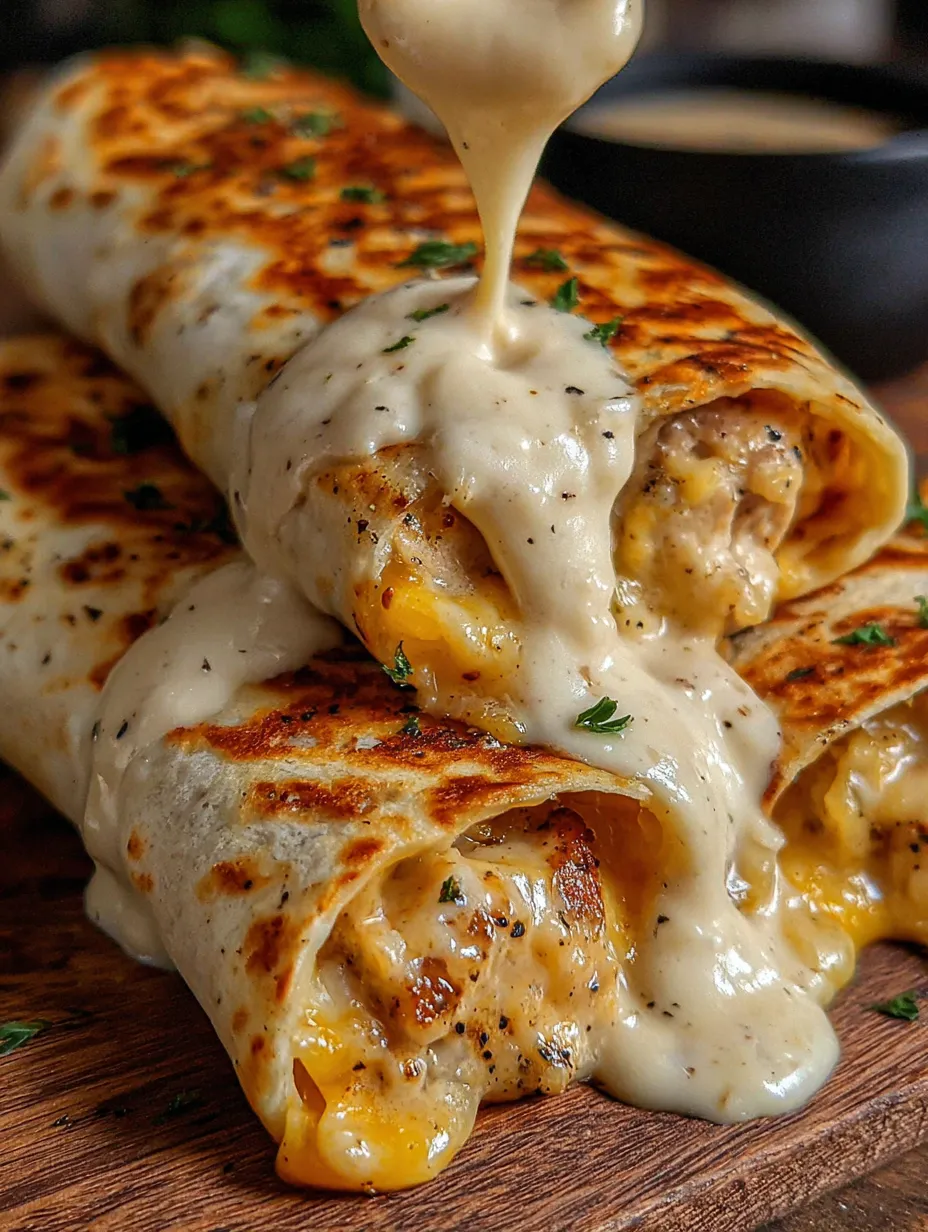 A burrito with cheese and sauce.