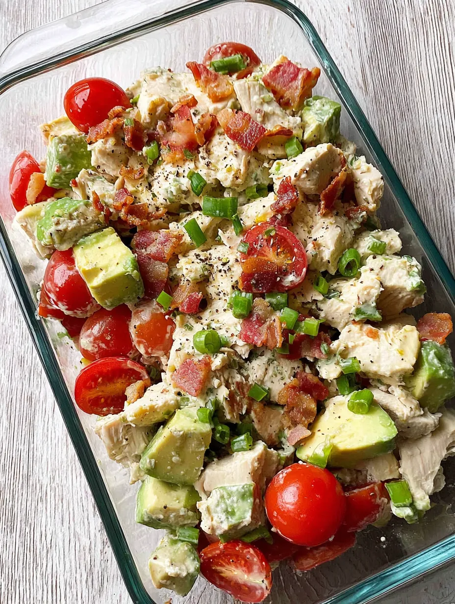 A dish of food with tomatoes, chicken, and bacon.