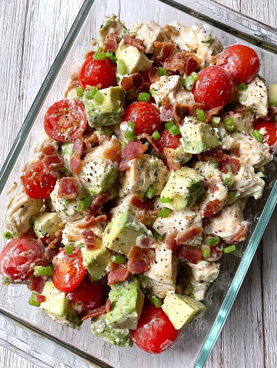 A dish of food with tomatoes, bacon, and avocado.