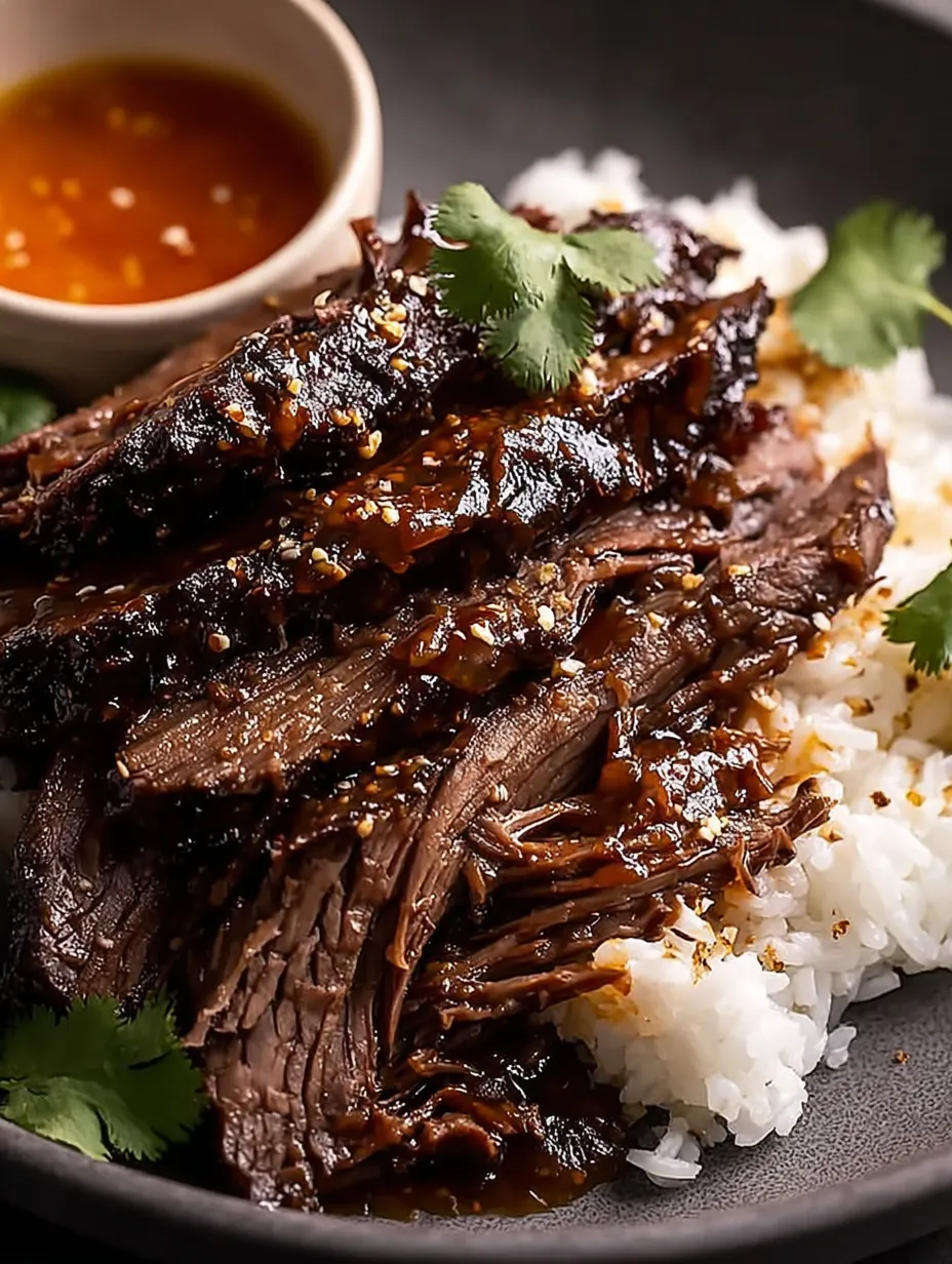 A plate of beef with rice and a bowl of sauce.