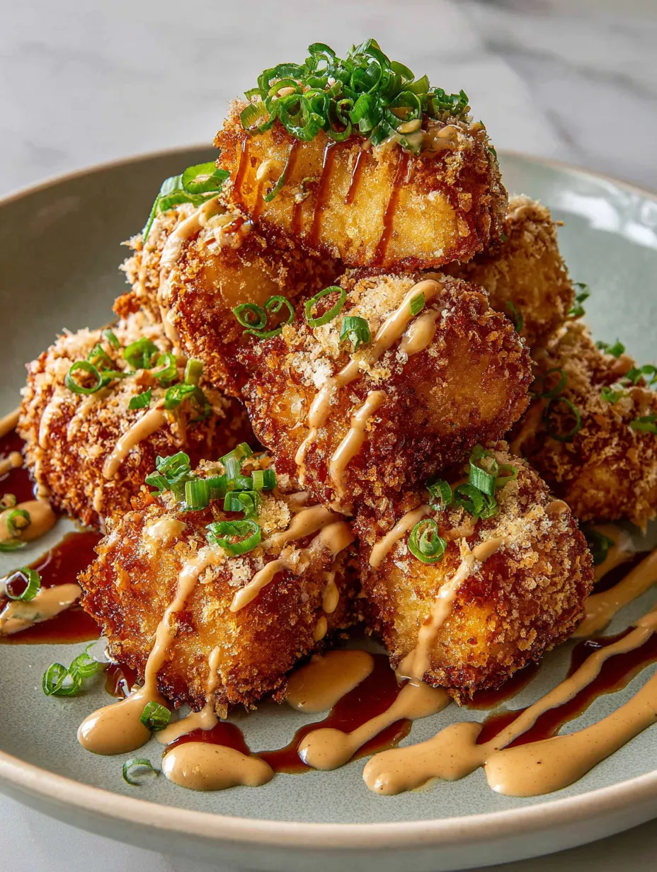 A plate of food with a sauce drizzled over it.