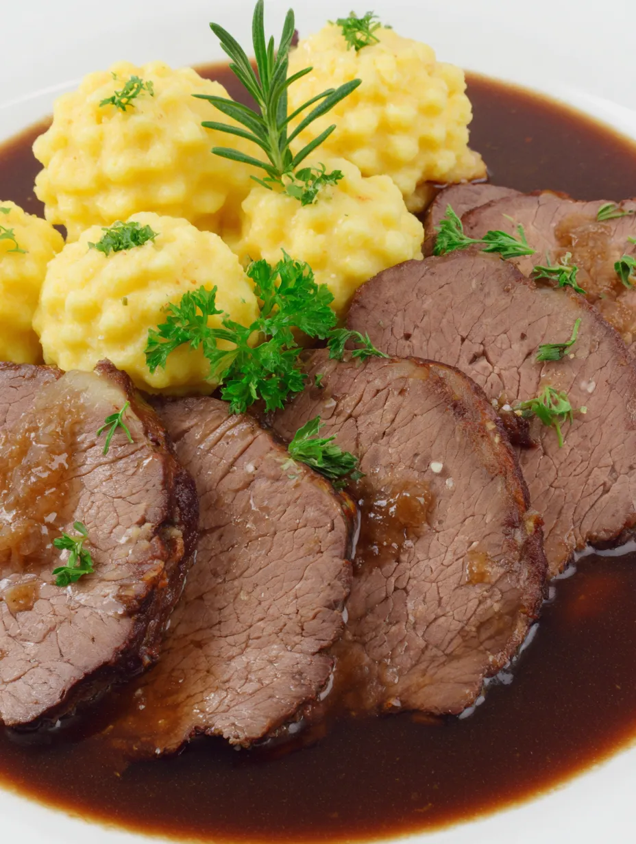 A plate of meat with gravy and vegetables.
