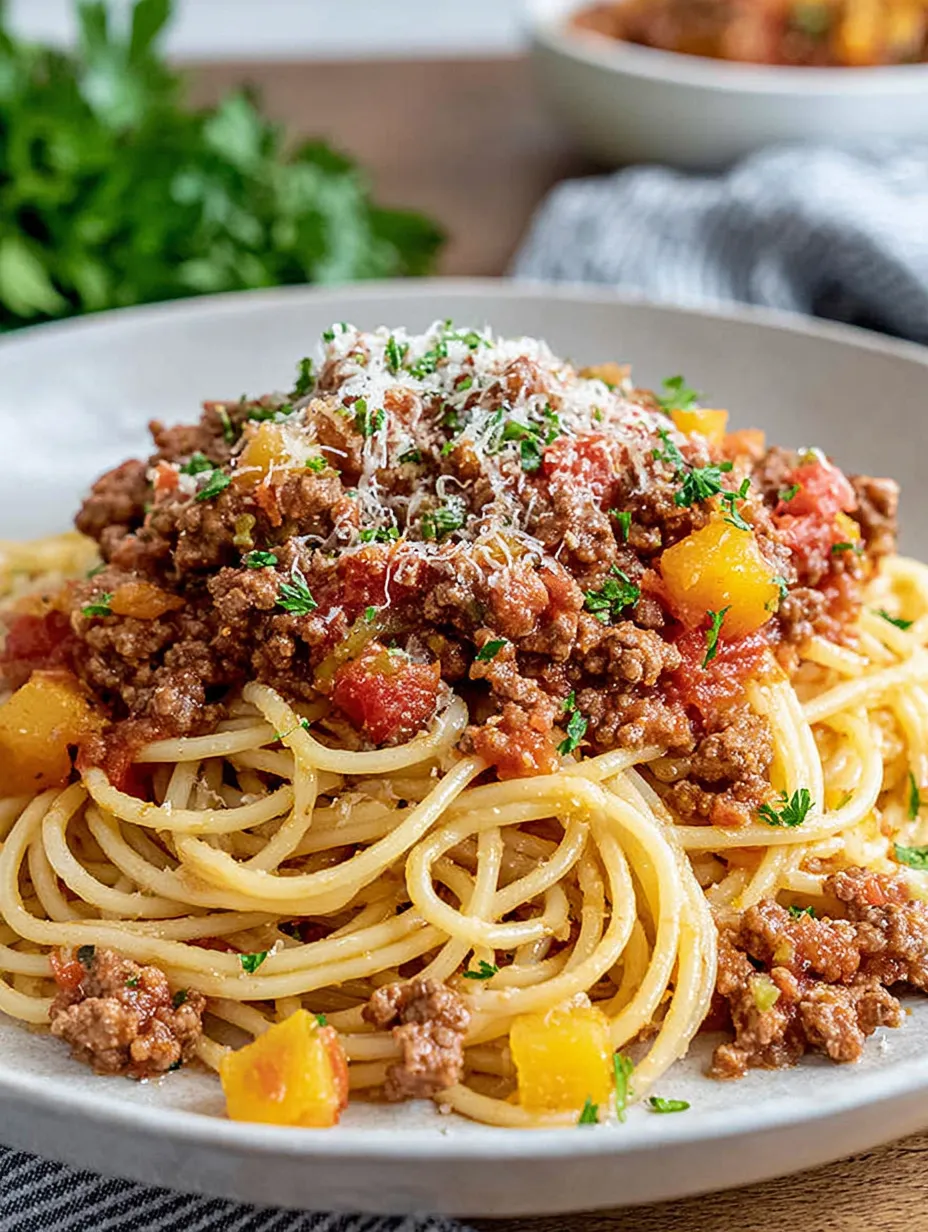 A plate of spaghetti with meat sauce and cheese.