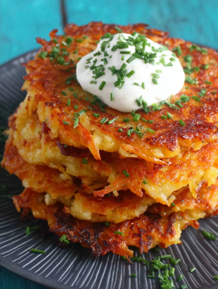 A stack of pancakes with a dollop of sour cream on top.