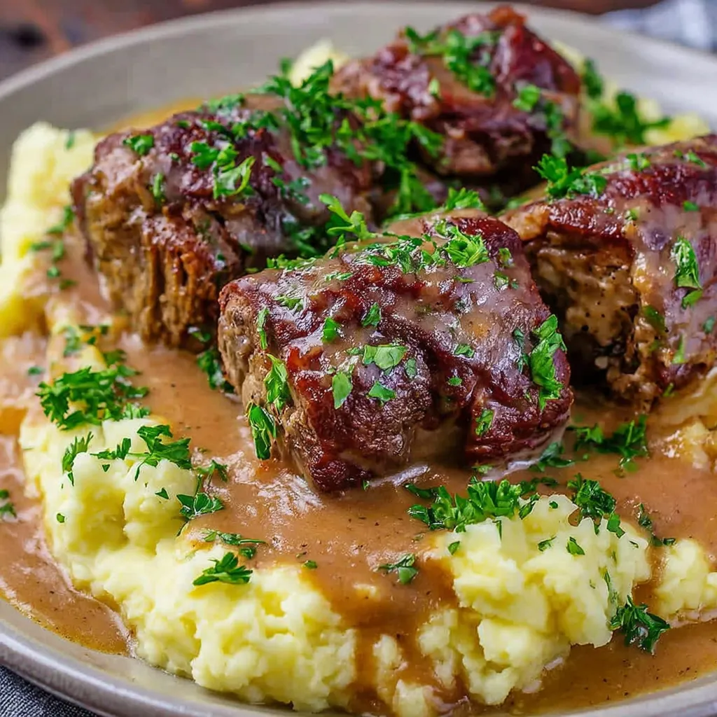 A plate of meat with gravy.
