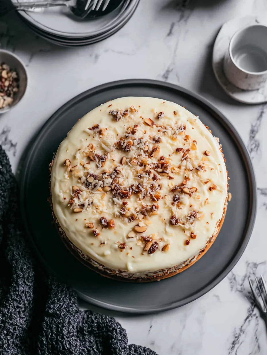 A slice of cake with nuts on top.