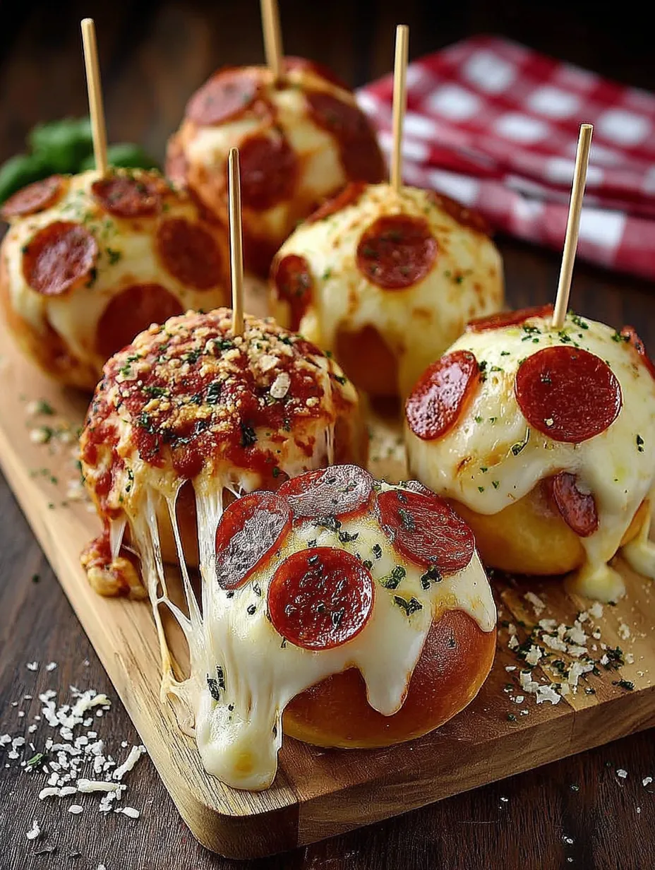 Four pepperoni appetizers with cheese on a wooden platter.