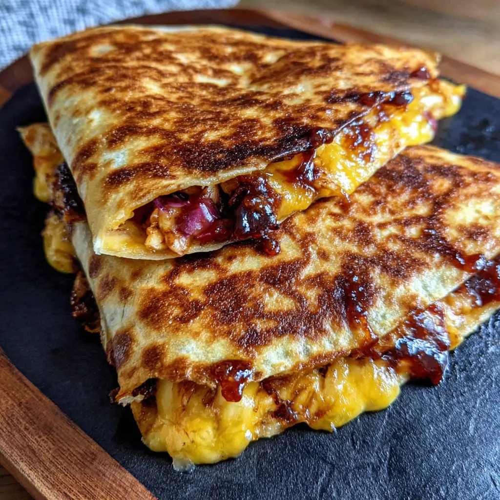 A stack of three quesadillas with cheese and sauce.