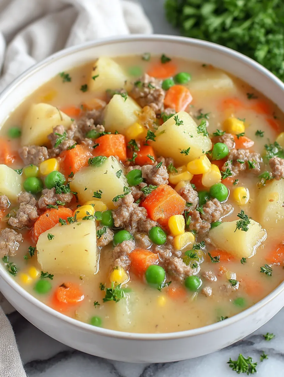A bowl of soup with potatoes, carrots, peas and meat.