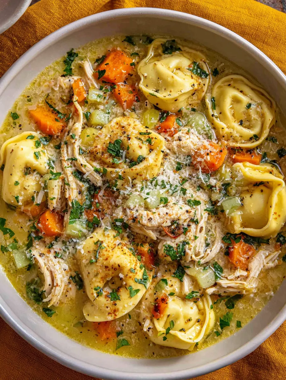 A bowl of soup with chicken and pasta.