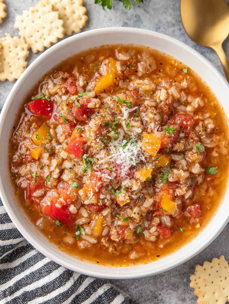 A bowl of soup with tomatoes, rice, and cheese.