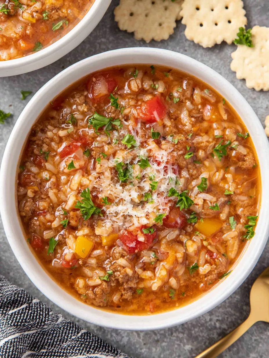 A bowl of soup with rice, tomatoes, and cheese.