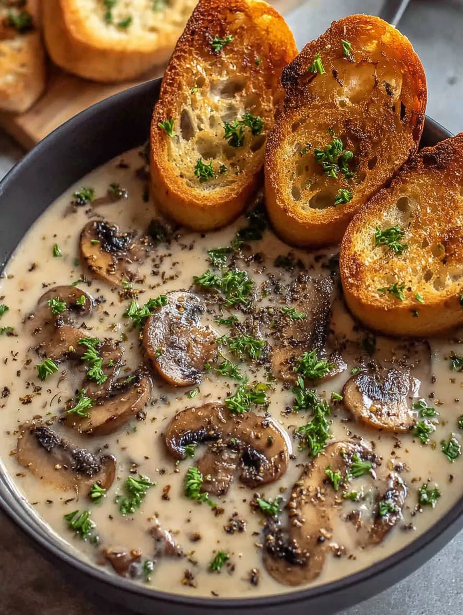 A bowl of soup with toast on top.