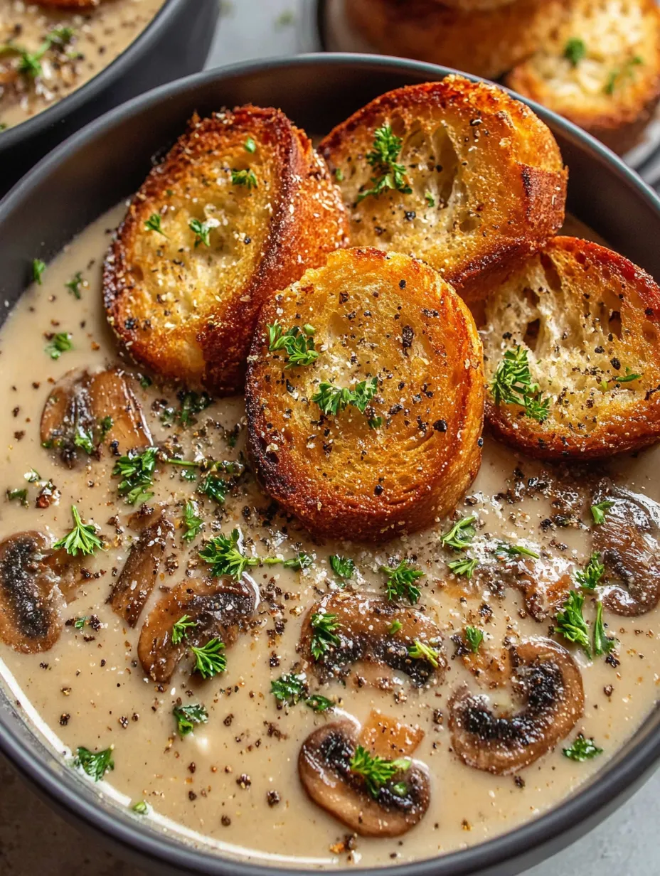 A bowl of soup with toast and mushrooms.