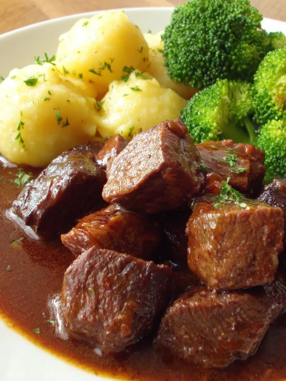 Eine Tasse mit Steak, Kartoffeln und Brokkoli.