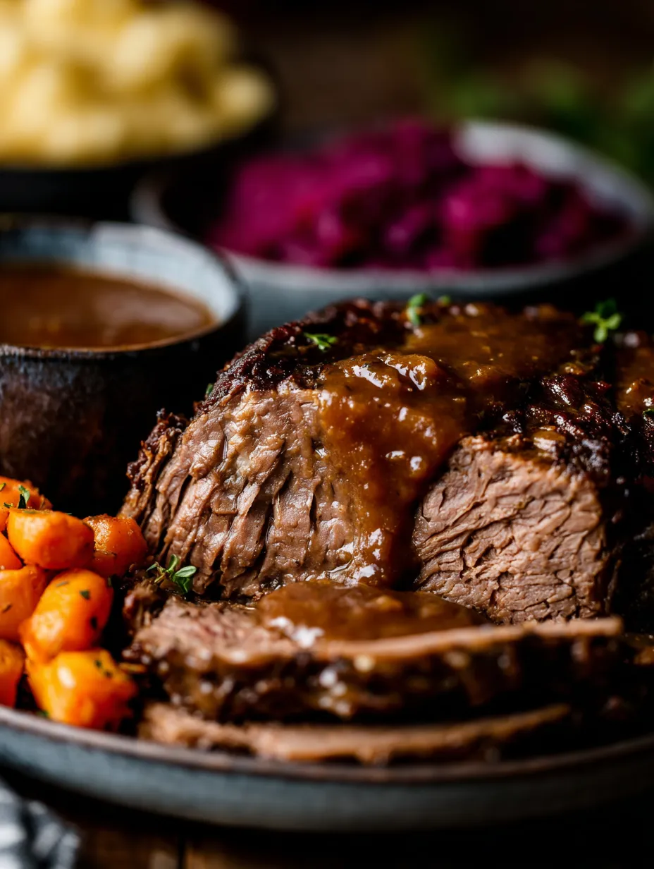 A close up of a roast with gravy.