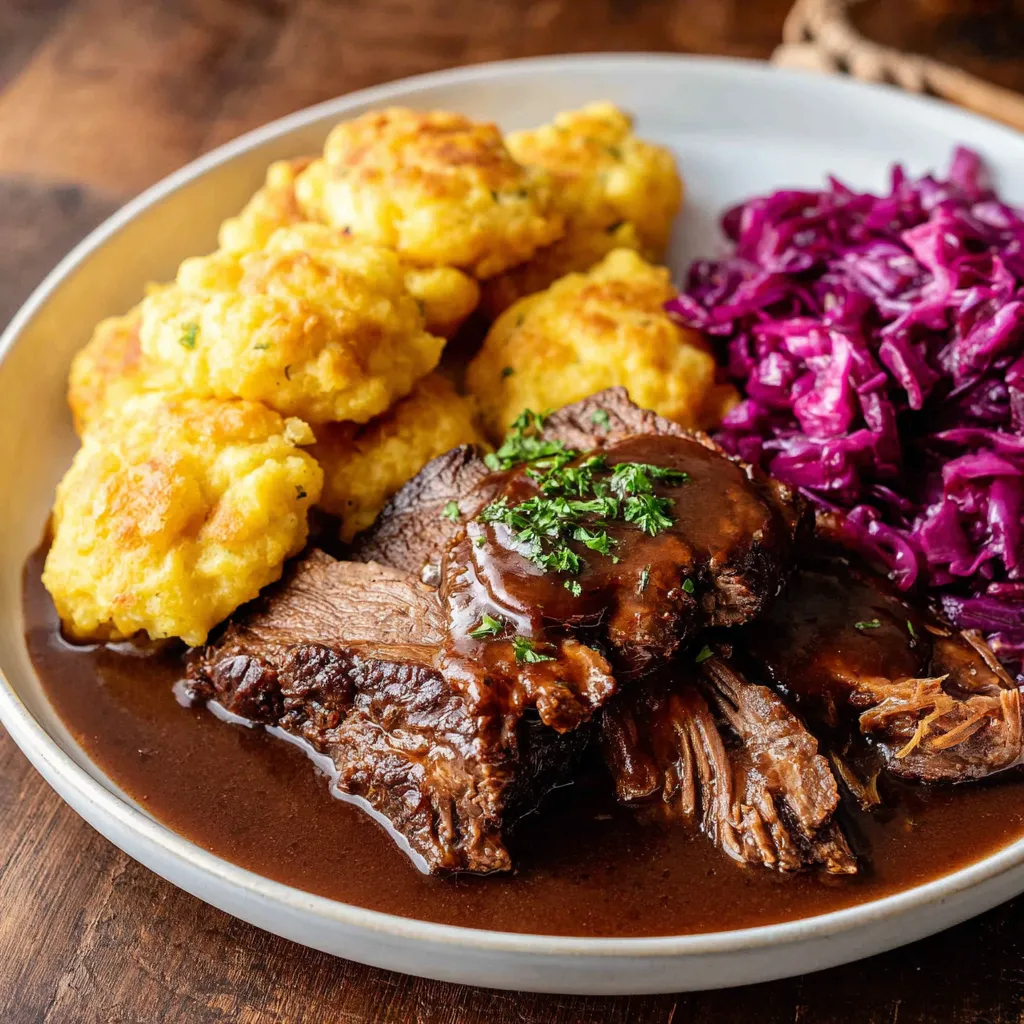 A plate of food with meat, potatoes, and cabbage.