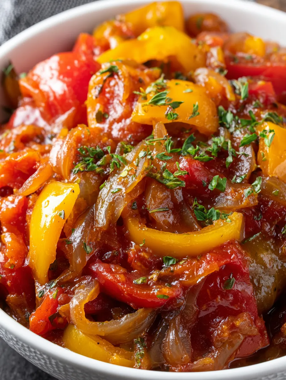 A bowl of food with peppers and onions.