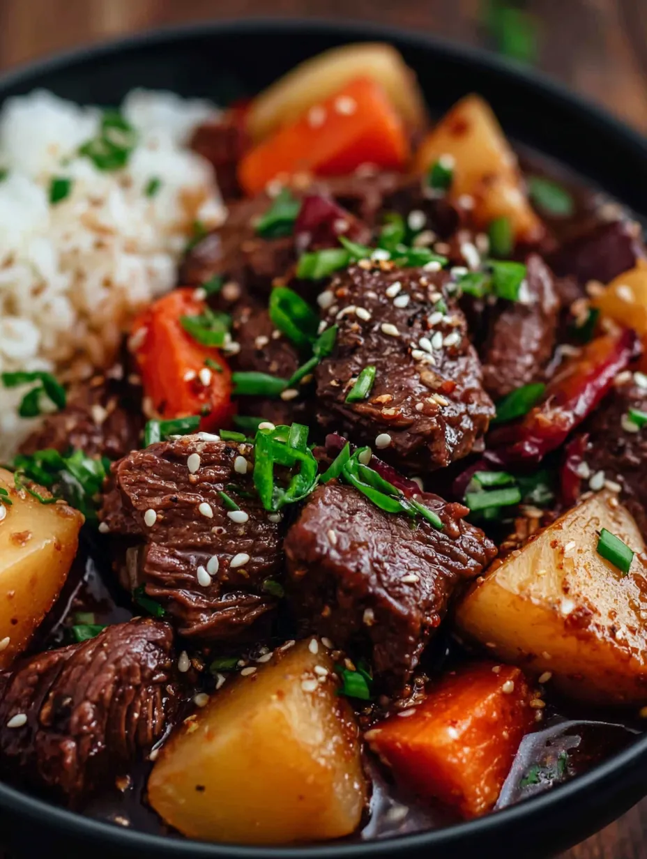 A bowl of beef and vegetables.