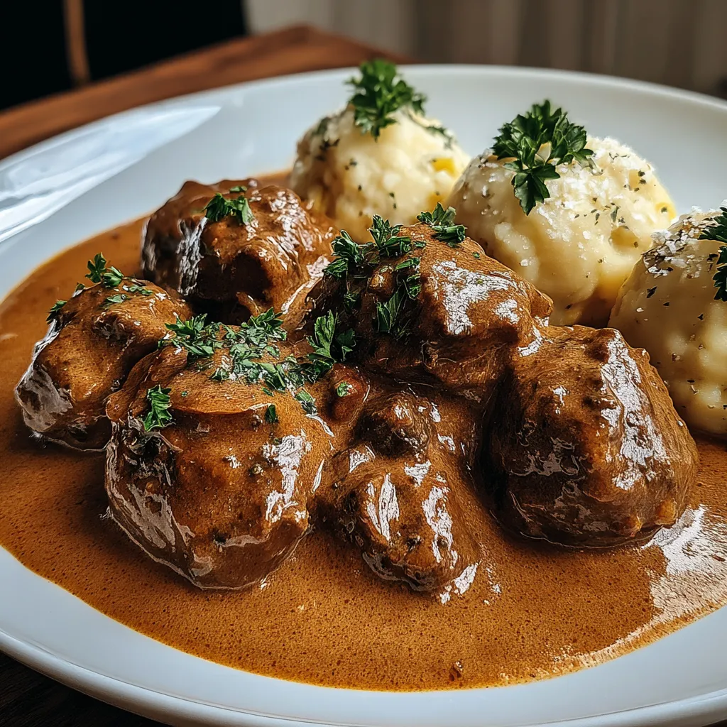 A plate of meat and potatoes.