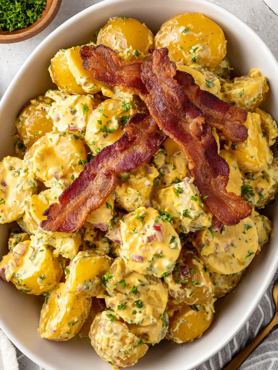 A bowl of bacon and potatoes.