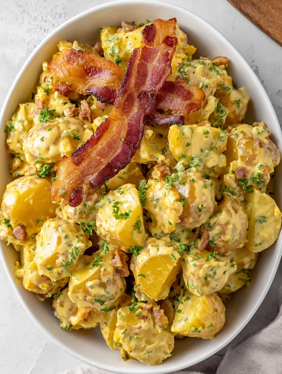A bowl of food with bacon and potatoes.