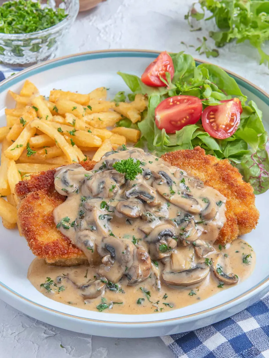 A plate of food with mushrooms, tomatoes, and french fries.