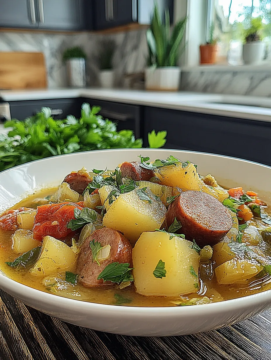 A bowl of soup with sausage and potatoes.