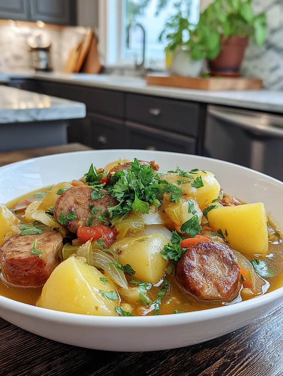 A white bowl filled with sausage, potatoes, and vegetables.