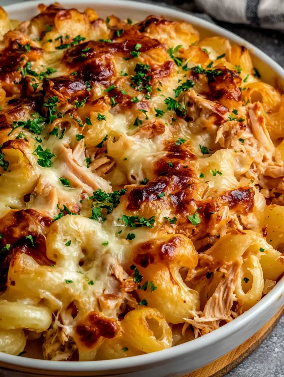 A bowl of food with chicken and cheese.