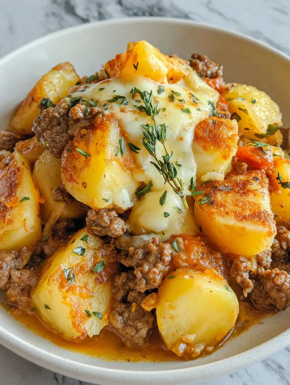 A bowl of food with meat and potatoes.