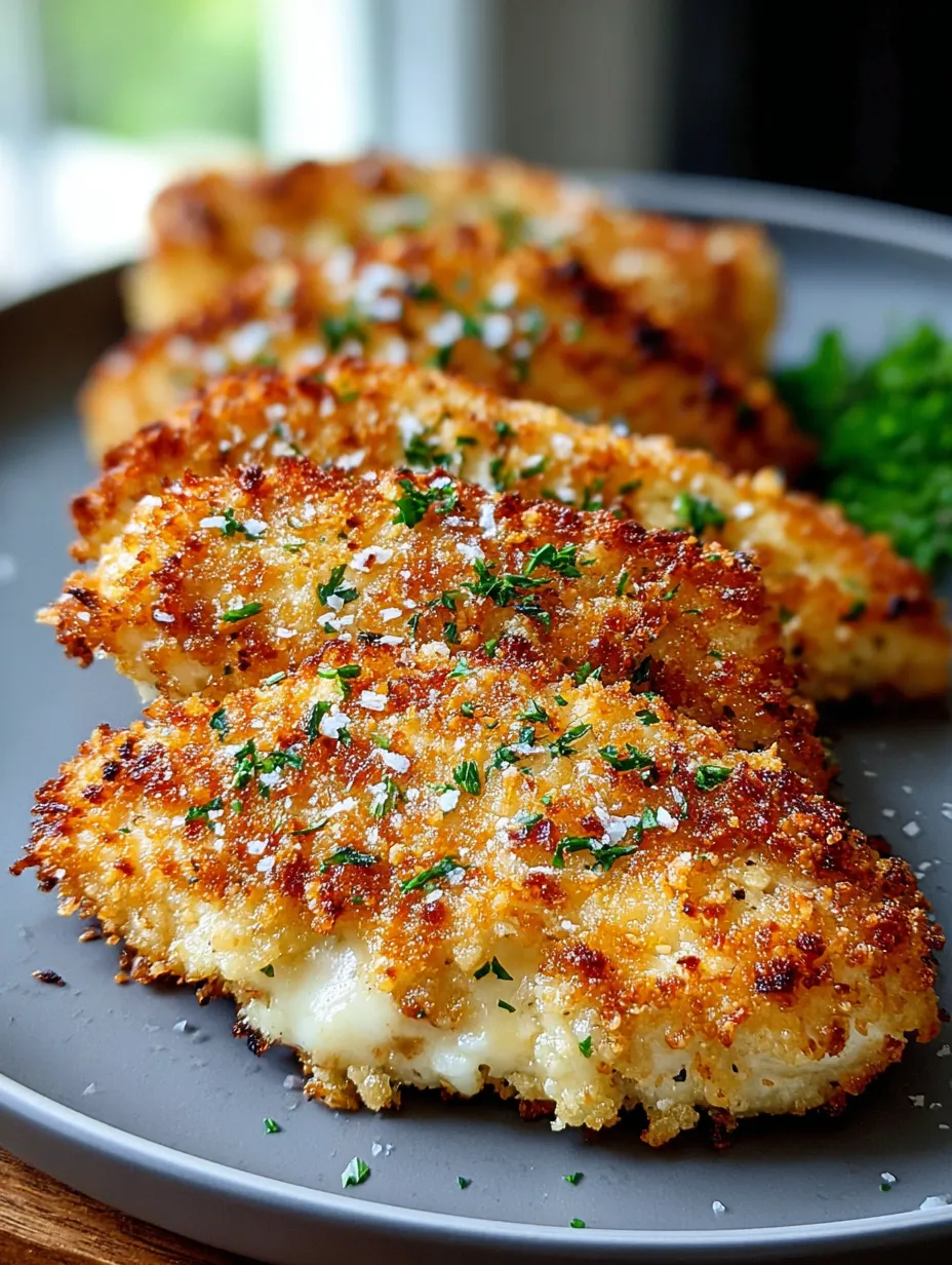 A plate of breaded chicken with parsley on top.