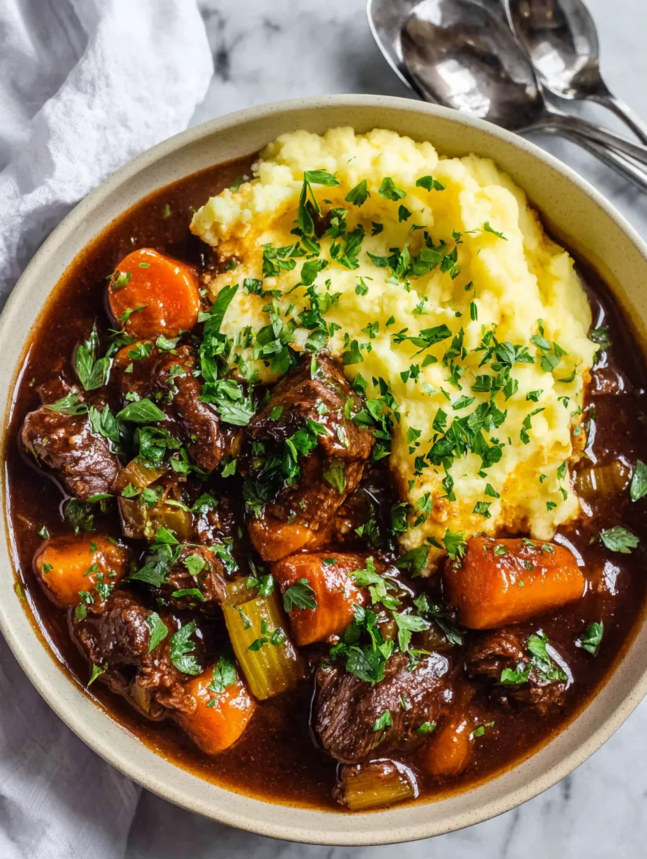 A bowl of food with meat and potatoes.