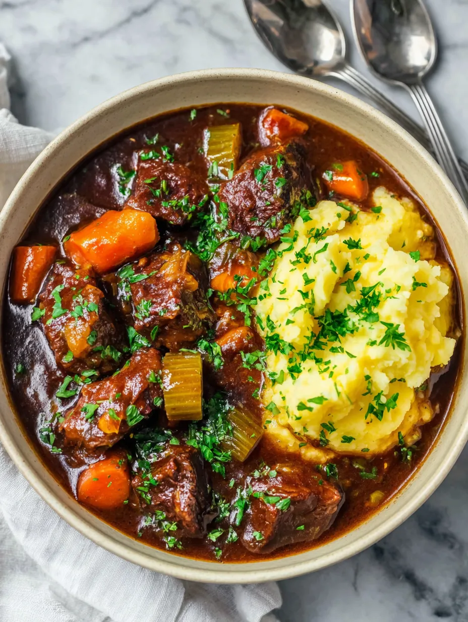 A bowl of stew with meat, potatoes, and carrots.